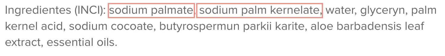 Ingredientes del jabón para el pelo.