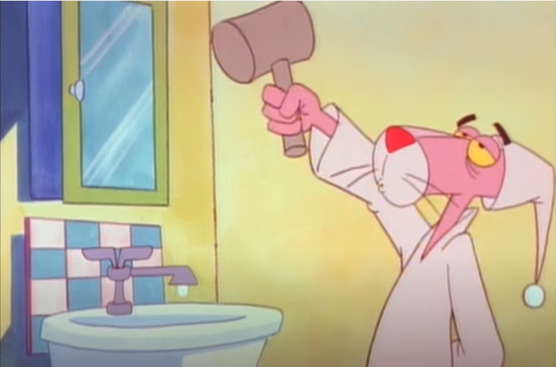 La Pantera Rosa luchando contra una canilla que gotea